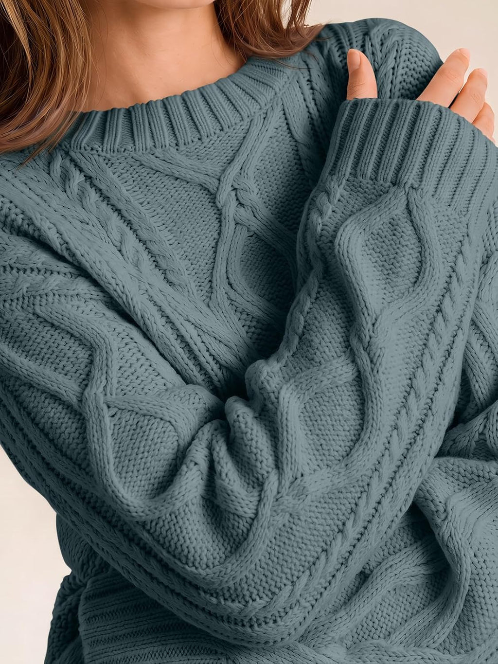 Women's Oversized Cable Knit Sweaters 2026 Fall Ou Dark Sage - detail close-up