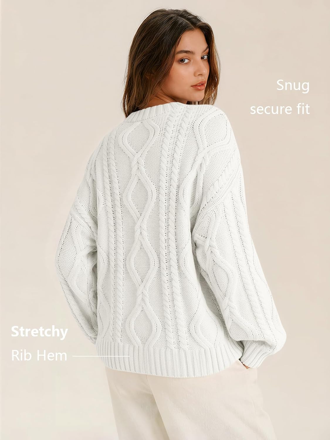 Women's Oversized Cable Knit Sweaters 2026 Fall Ou White - lifestyle look