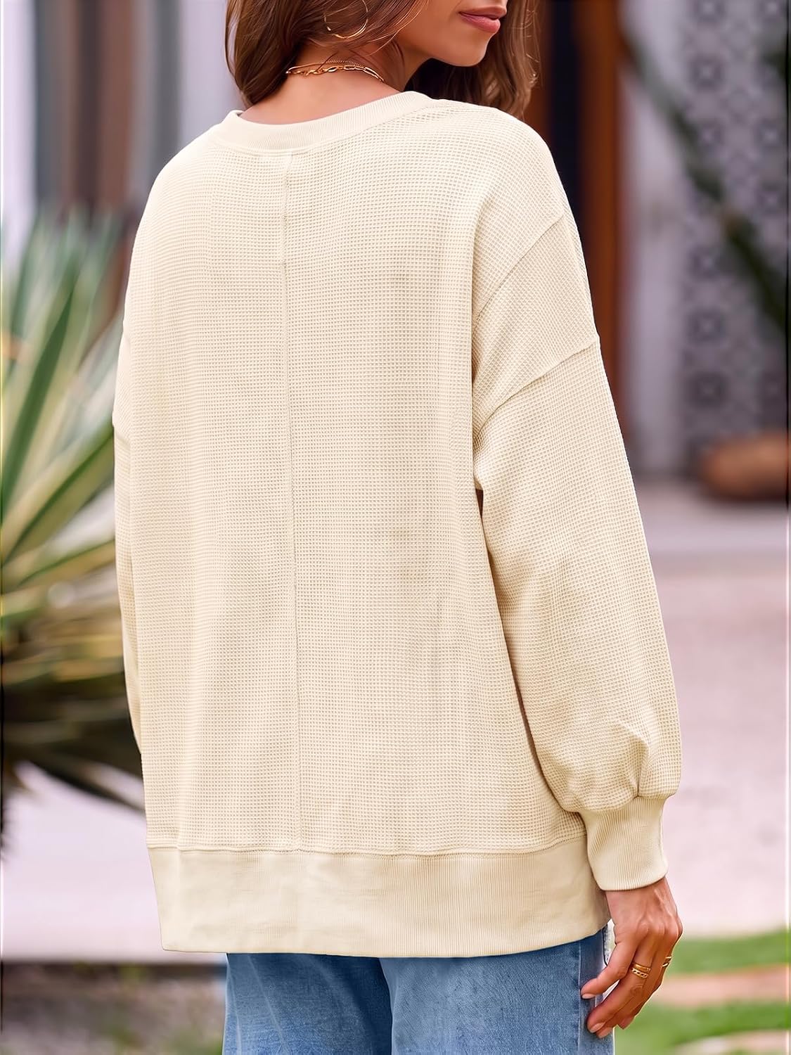 Women's Fall Oversized Sweatshirt Casual Waffle Kn Beige-2 - top view