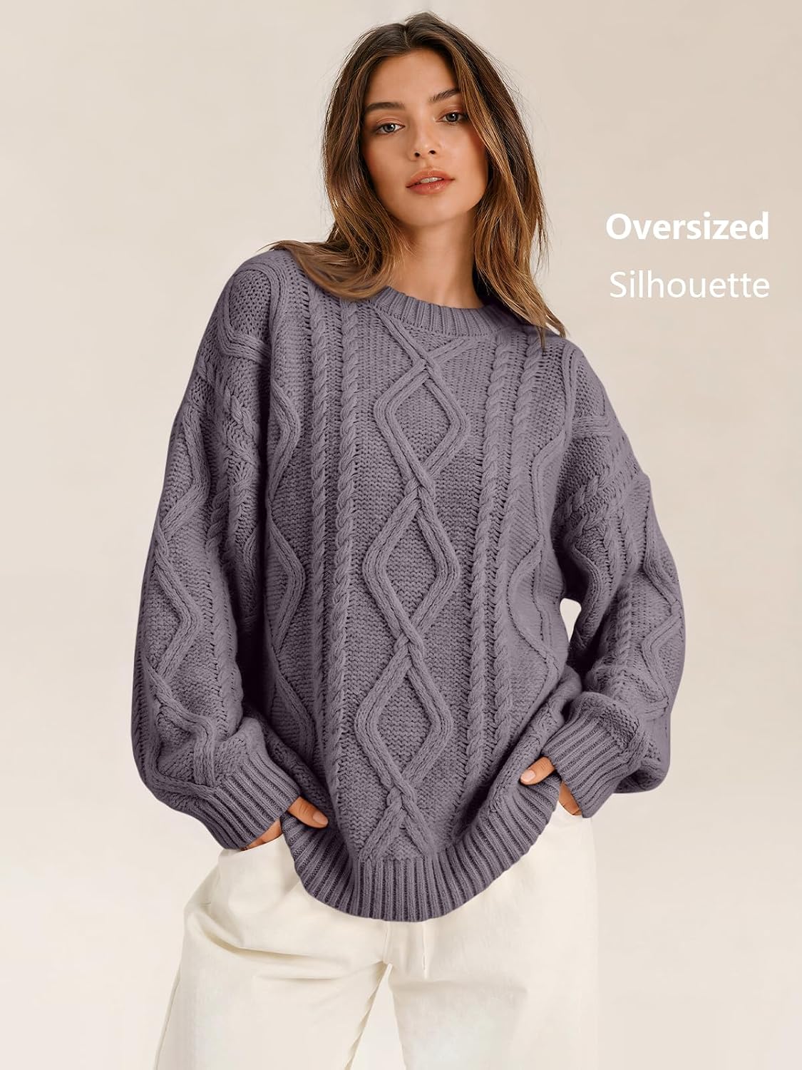 Women's Oversized Cable Knit Sweaters 2026 Fall Ou Mauve Taupe - fabric and fit