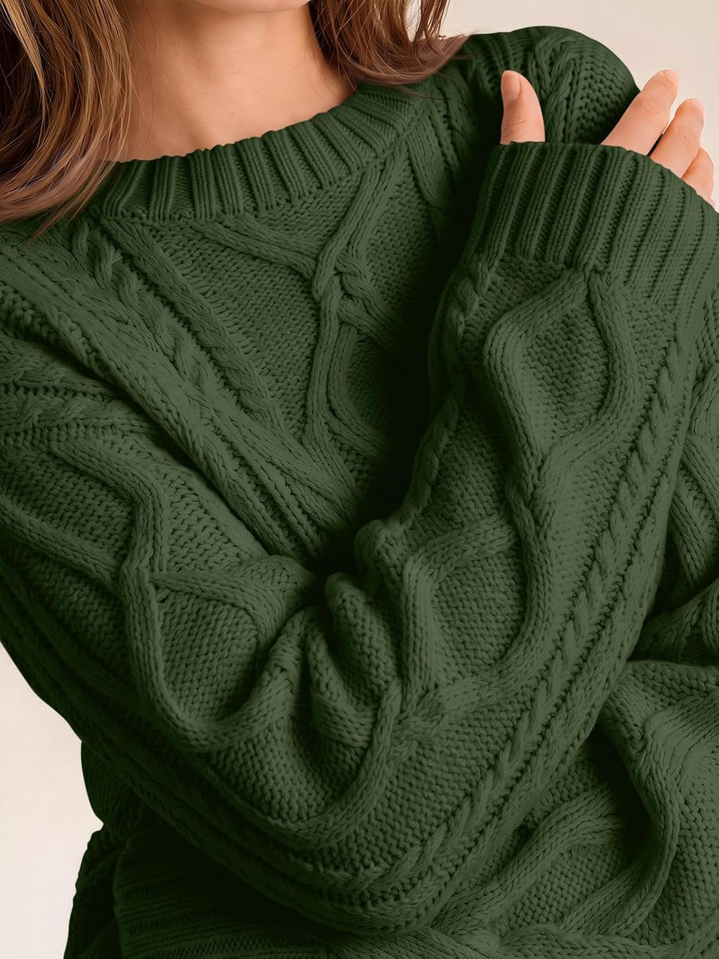 Women's Oversized Cable Knit Sweaters 2026 Fall Ou Army Green - detail close-up