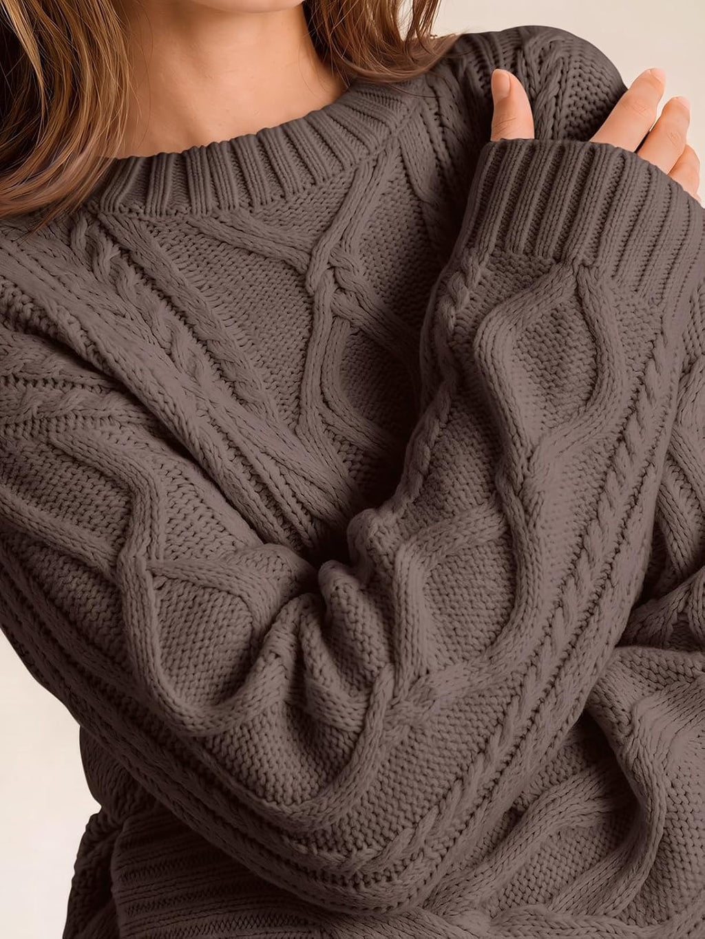 Women's Oversized Cable Knit Sweaters 2026 Fall Ou Nutmeg - detail close-up