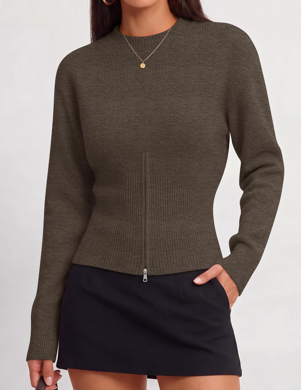 Women's Fall Zipper Pullover Sweaters 2026 Cozy Ri Brown - top view