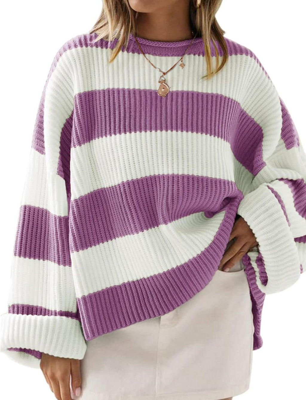Womens Fall Winter Oversized Striped Knit Sweaters Purple - front view
