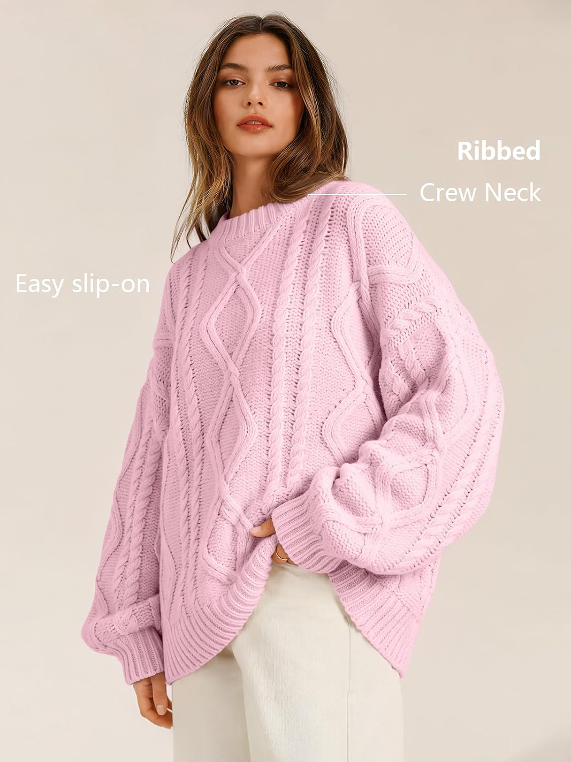 Women's Oversized Cable Knit Sweaters 2026 Fall Ou Pastel Pink - top view