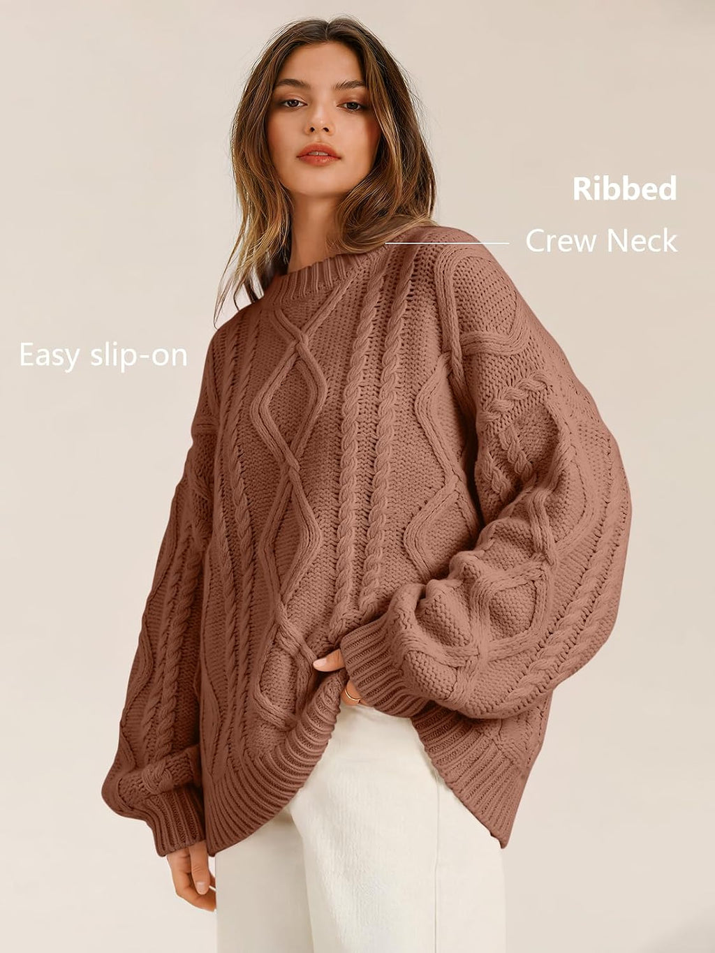 Women's Oversized Cable Knit Sweaters 2026 Fall Ou Toffee - top view