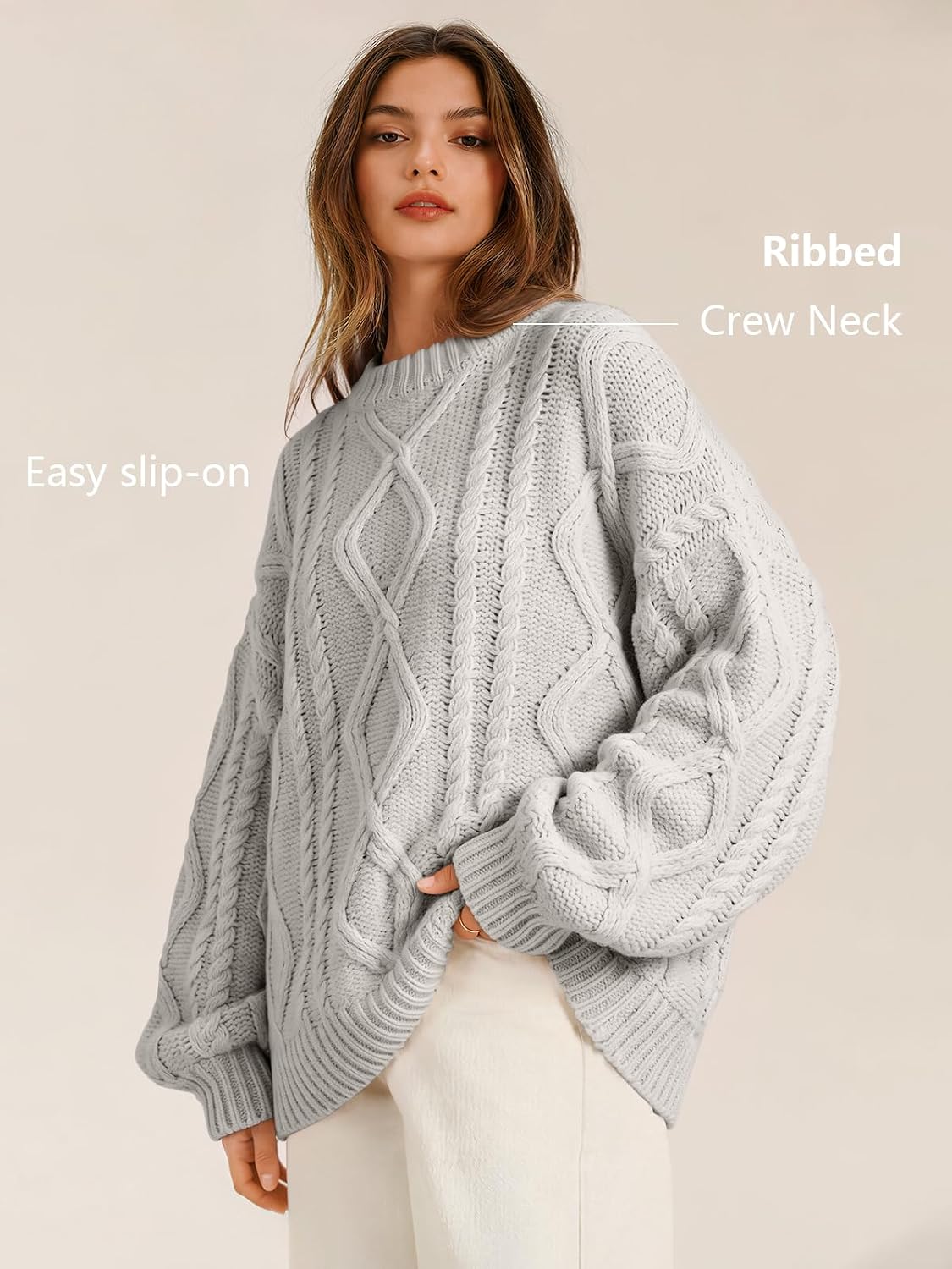 Women's Oversized Cable Knit Sweaters 2026 Fall Ou Pastel Gray - top view
