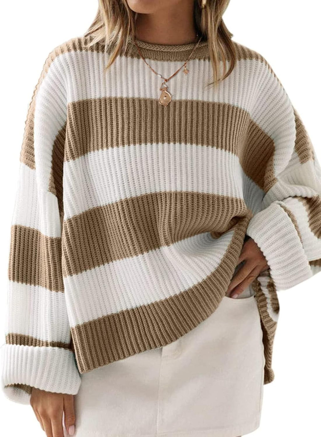 Womens Fall Winter Oversized Striped Knit Sweaters Lightkhaki - front view