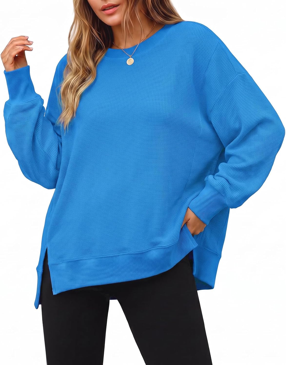 Women's Fall Oversized Sweatshirt Casual Waffle Kn Blue-2 - front view