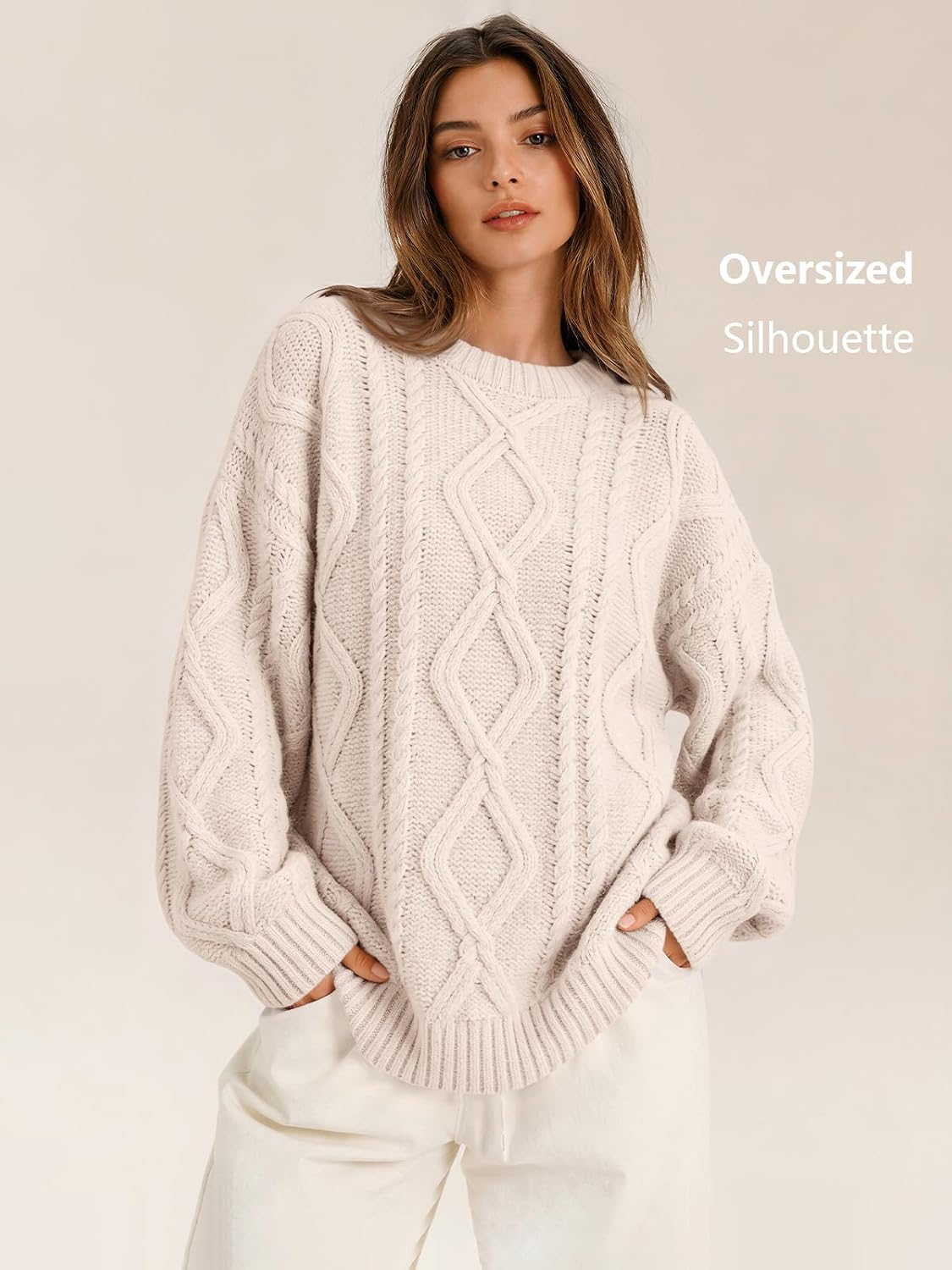Women's Oversized Cable Knit Sweaters 2026 Fall Ou Cream - fabric and fit