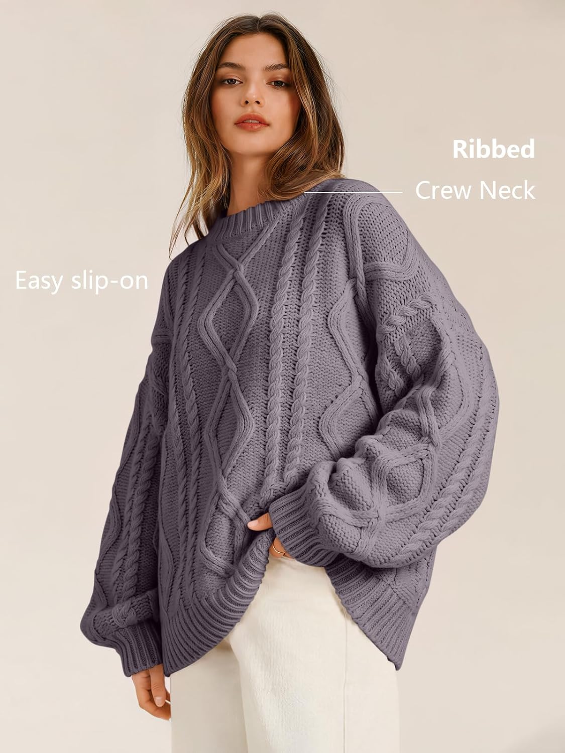 Women's Oversized Cable Knit Sweaters 2026 Fall Ou Mauve Taupe - top view