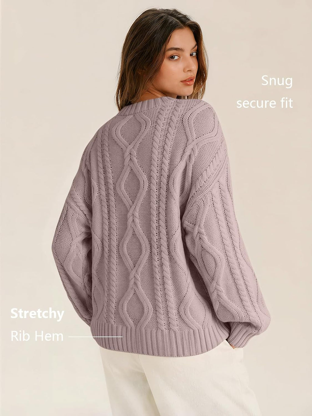Women's Oversized Cable Knit Sweaters 2026 Fall Ou Light Mauve - lifestyle look