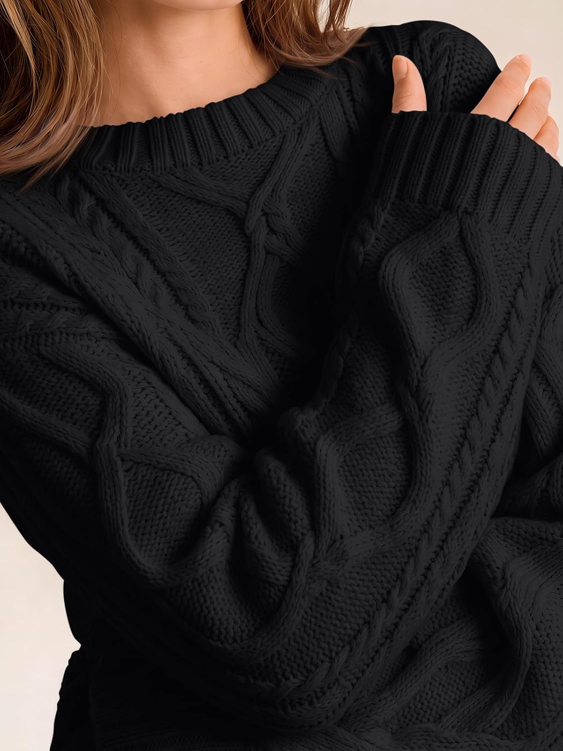 Women's Oversized Cable Knit Sweaters 2026 Fall Ou Black - detail close-up