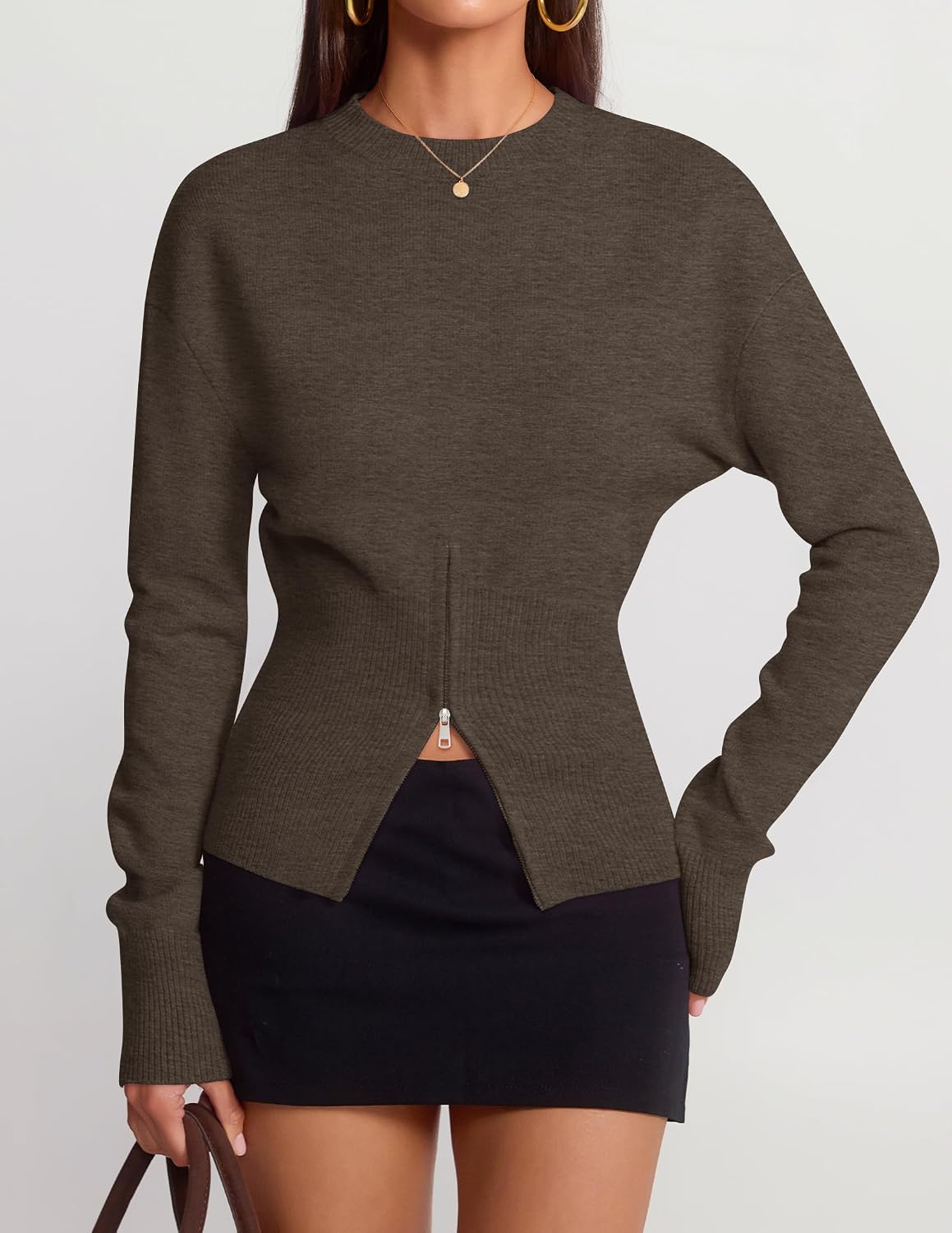Women's Fall Zipper Pullover Sweaters 2026 Cozy Ri Brown - detail close-up