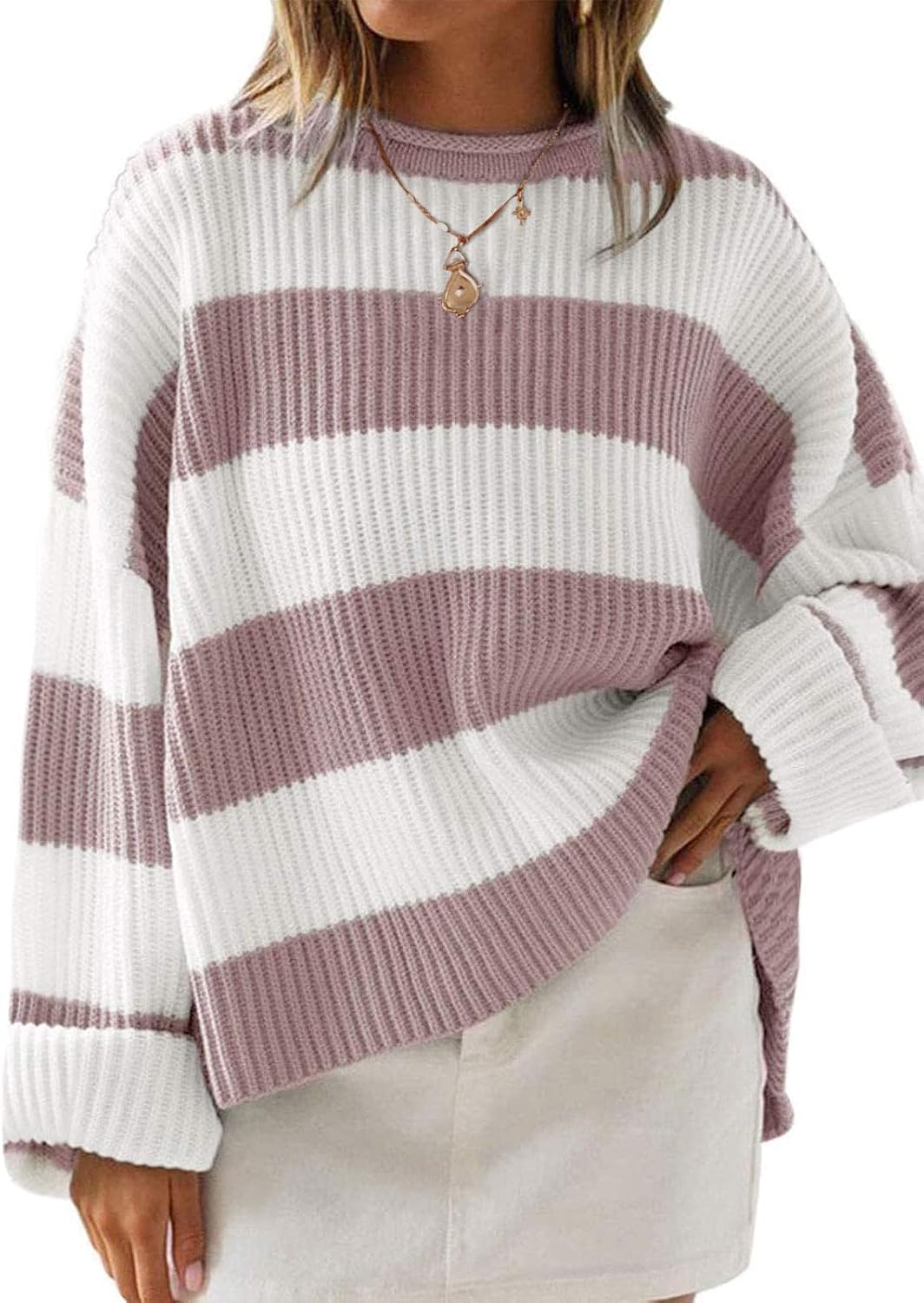 Womens Fall Winter Oversized Striped Knit Sweaters Pink - front view
