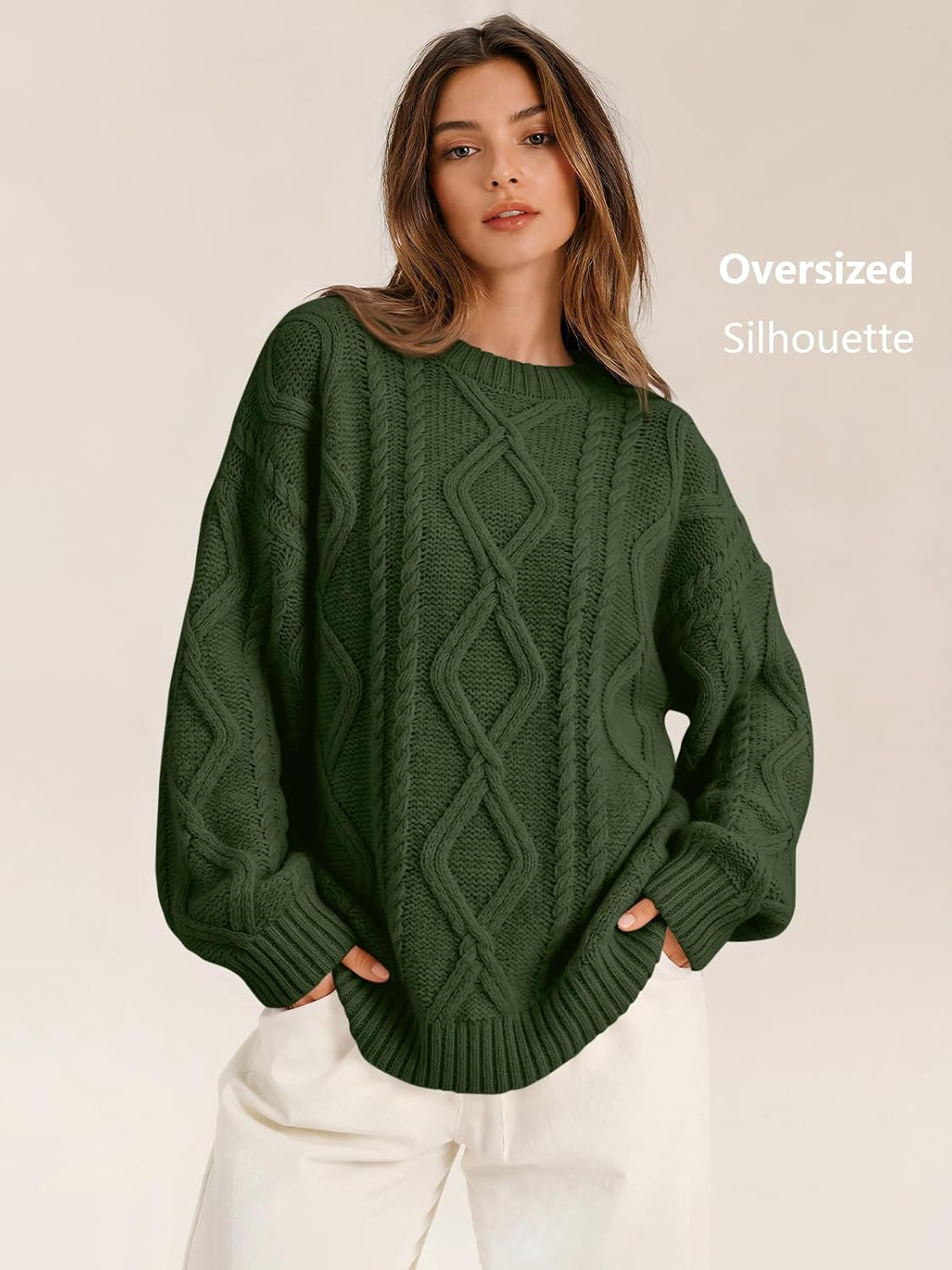 Women's Oversized Cable Knit Sweaters 2026 Fall Ou Army Green - fabric and fit