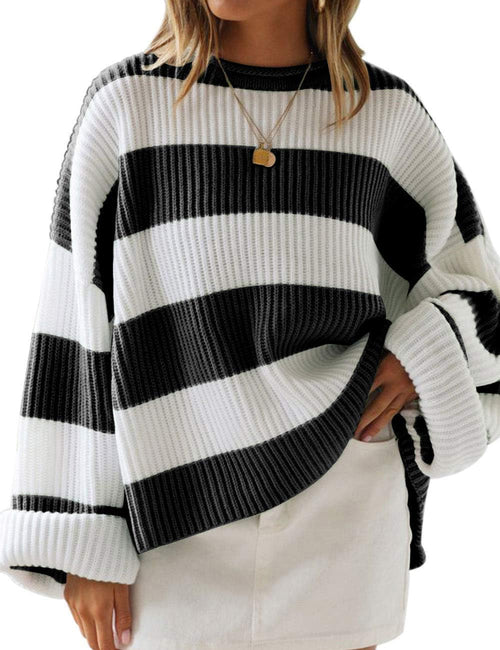 Womens Fall Winter Oversized Striped Knit Sweaters Blackstriped - front view