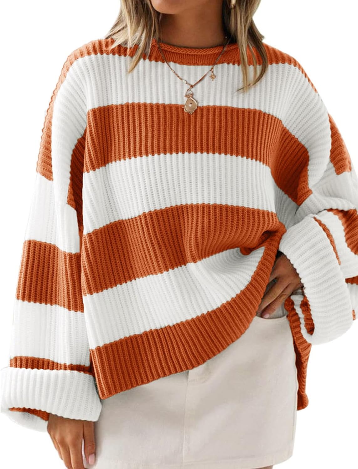 Womens Fall Winter Oversized Striped Knit Sweaters Orange - front view