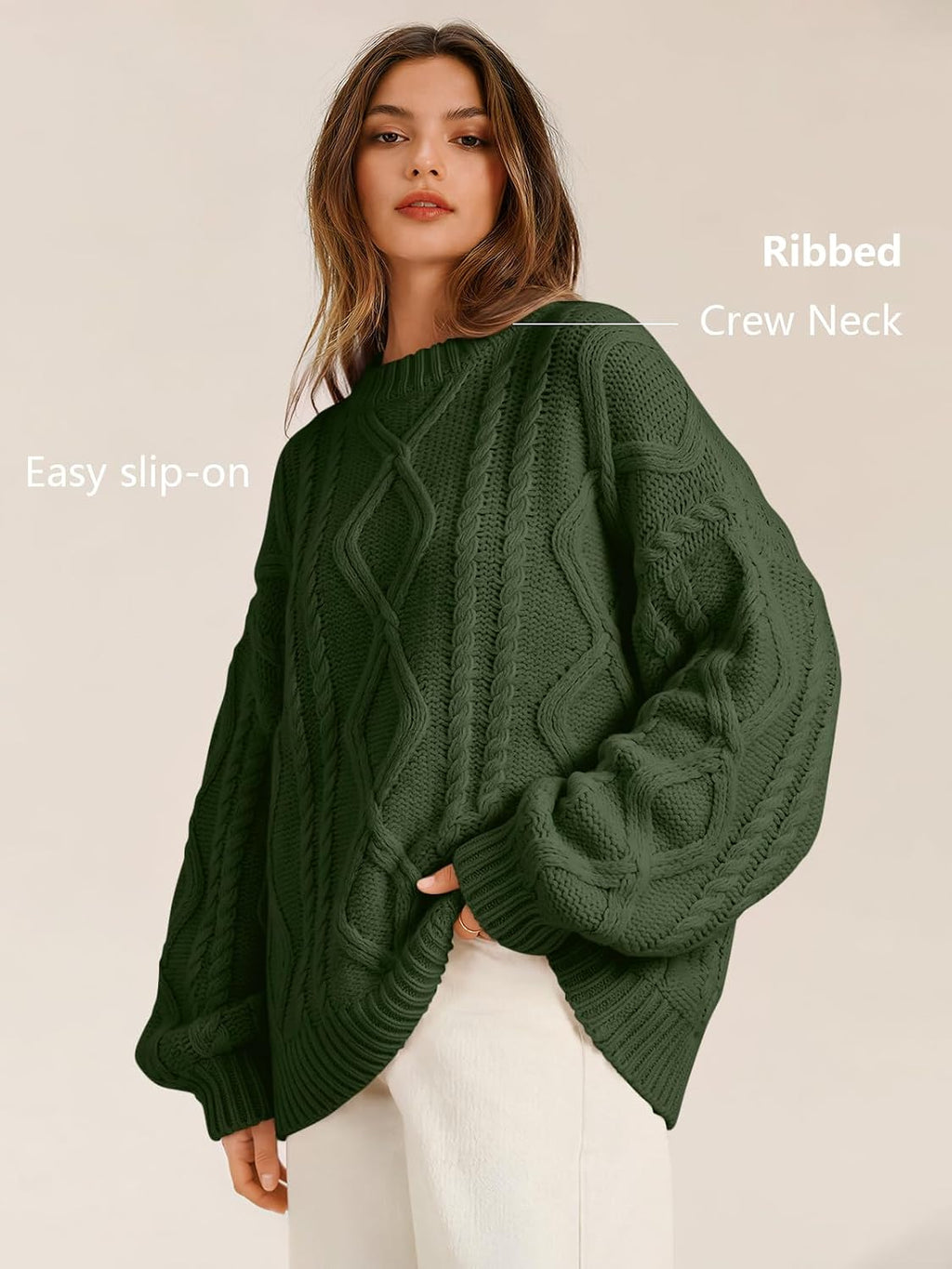 Women's Oversized Cable Knit Sweaters 2026 Fall Ou Army Green - top view