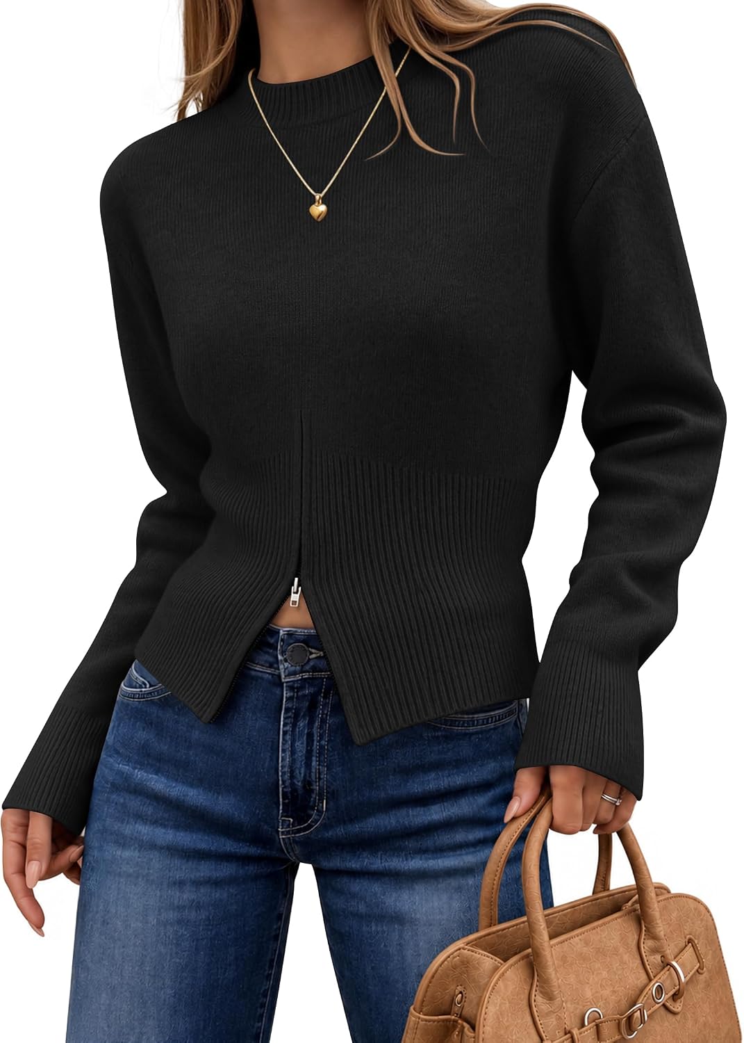 Women's Fall Zipper Pullover Sweaters 2026 Cozy Ri Black - front view