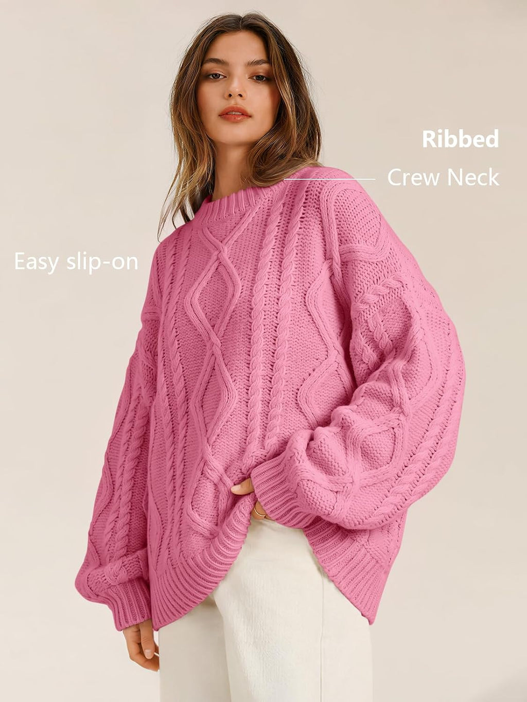 Women's Oversized Cable Knit Sweaters 2026 Fall Ou Rose Pink - top view