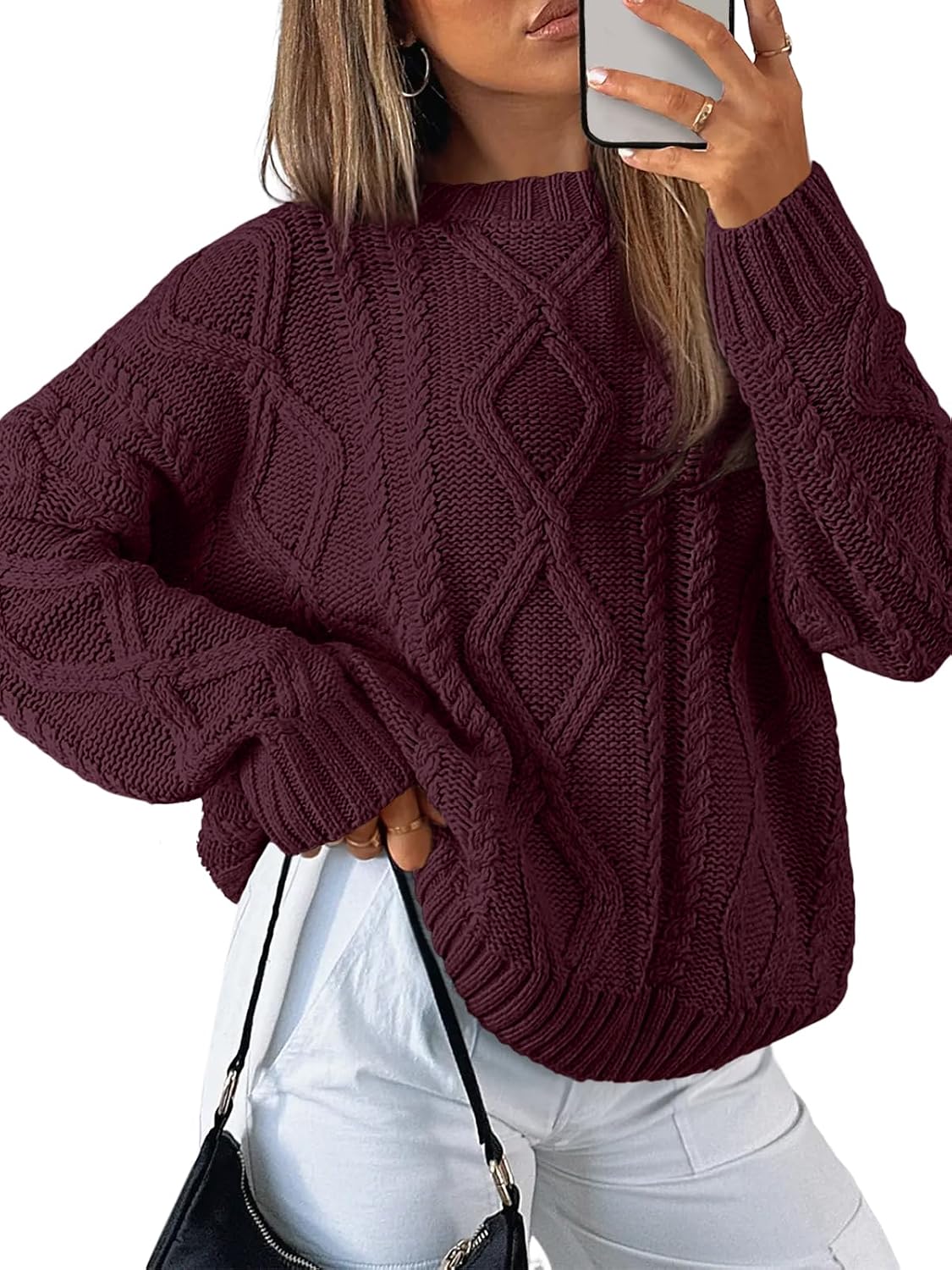 Women's Oversized Cable Knit Sweaters 2026 Fall Ou Wine Red - front view