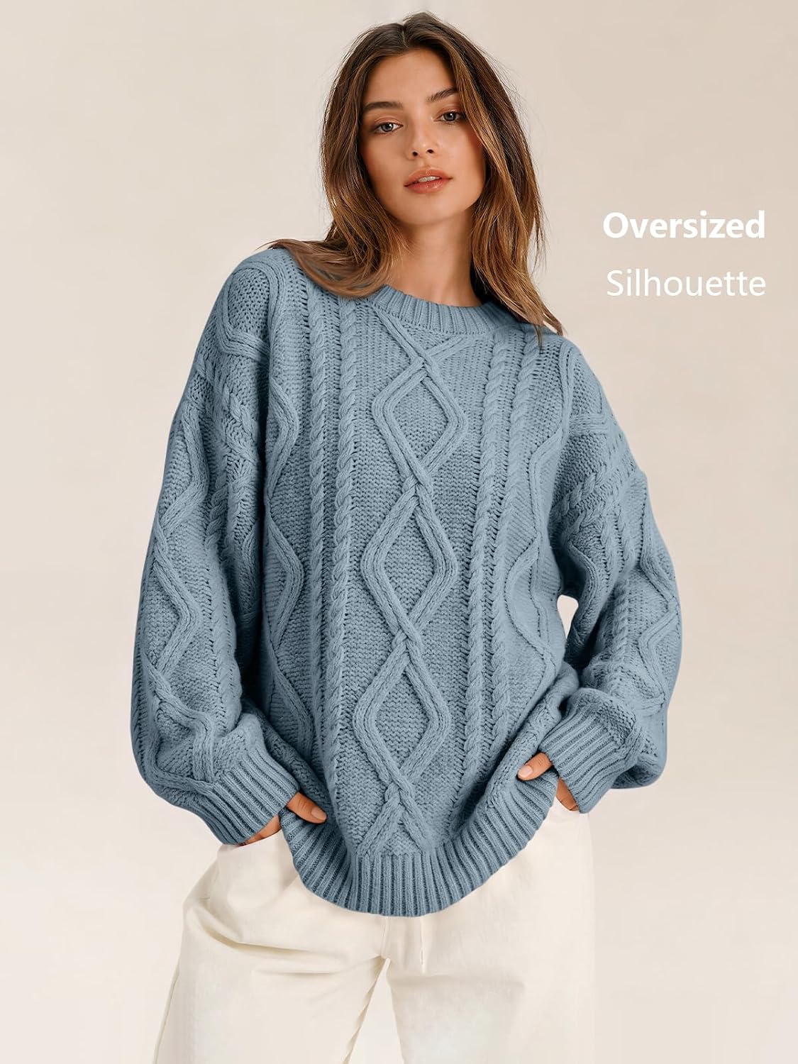 Women's Oversized Cable Knit Sweaters 2026 Fall Ou Dusty Blue - fabric and fit