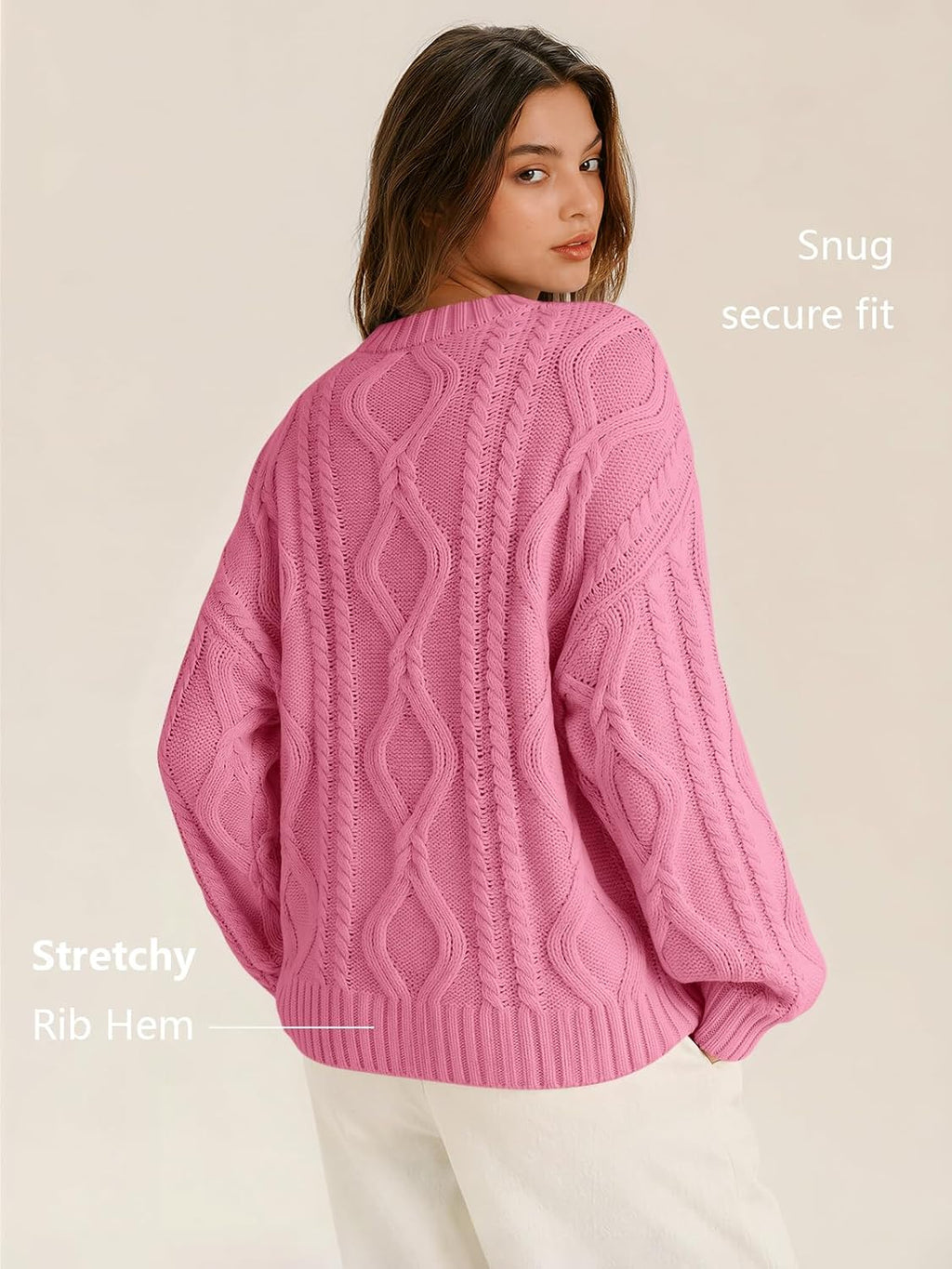 Women's Oversized Cable Knit Sweaters 2026 Fall Ou Rose Pink - lifestyle look