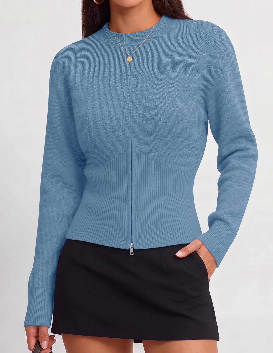 Women's Fall Zipper Pullover Sweaters 2026 Cozy Ri Dustyblue - top view