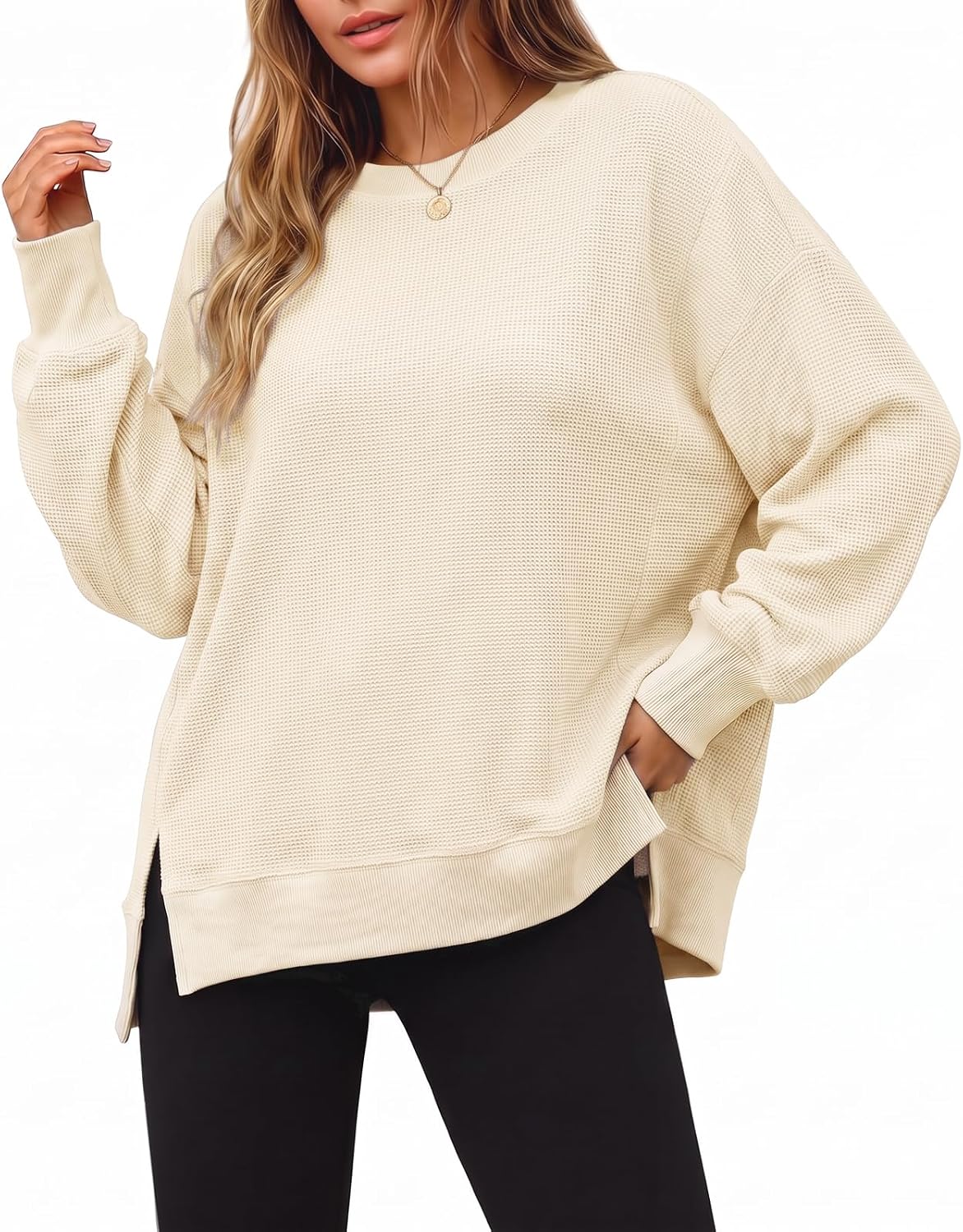 Women's Fall Oversized Sweatshirt Casual Waffle Kn Beige-2 - front view