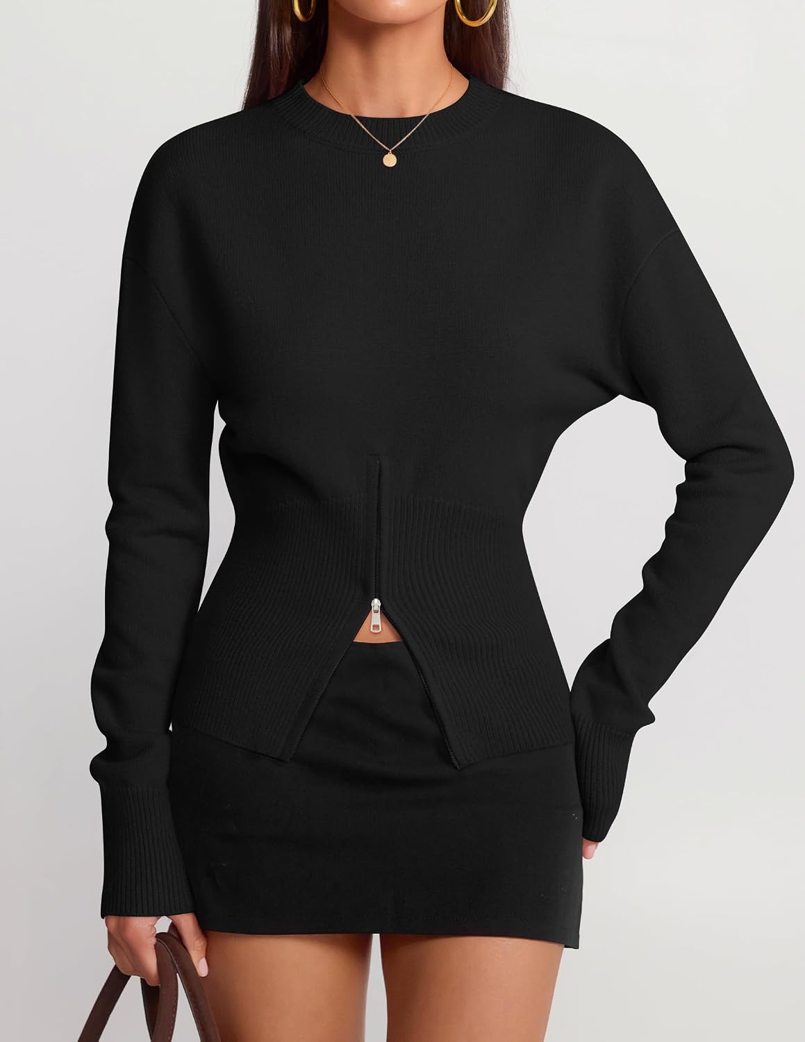 Women's Fall Zipper Pullover Sweaters 2026 Cozy Ri Black - detail close-up