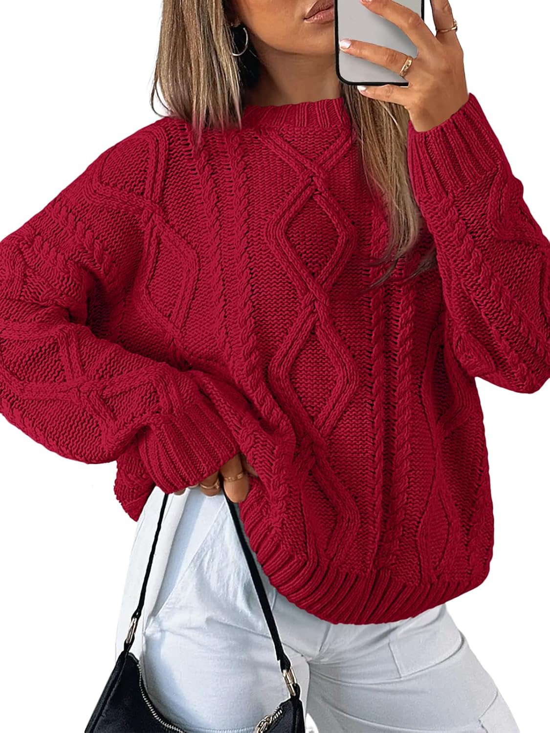 Women's Oversized Cable Knit Sweaters 2026 Fall Ou Red - front view