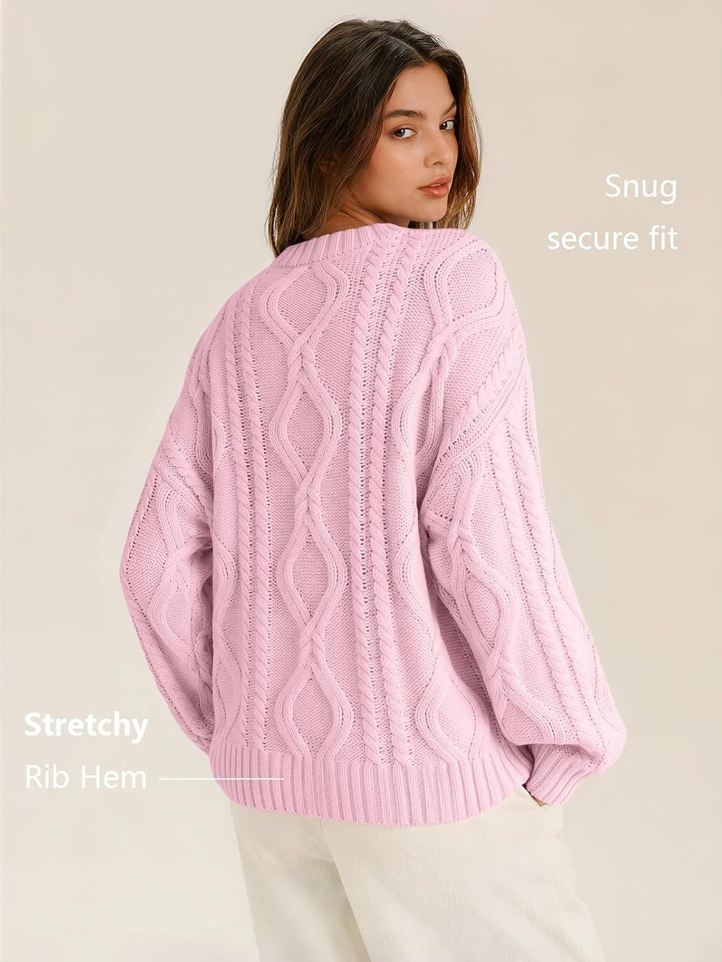 Women's Oversized Cable Knit Sweaters 2026 Fall Ou Pastel Pink - lifestyle look