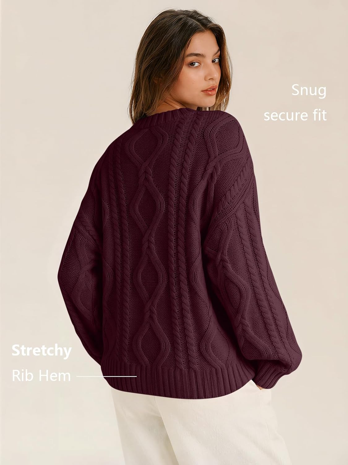 Women's Oversized Cable Knit Sweaters 2026 Fall Ou Wine Red - lifestyle look