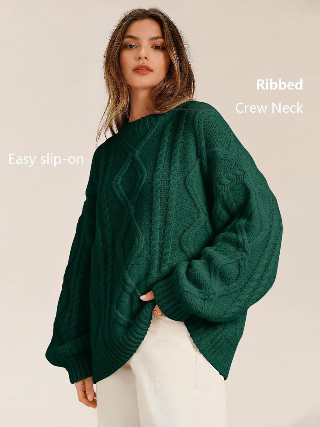 Women's Oversized Cable Knit Sweaters 2026 Fall Ou Green - top view