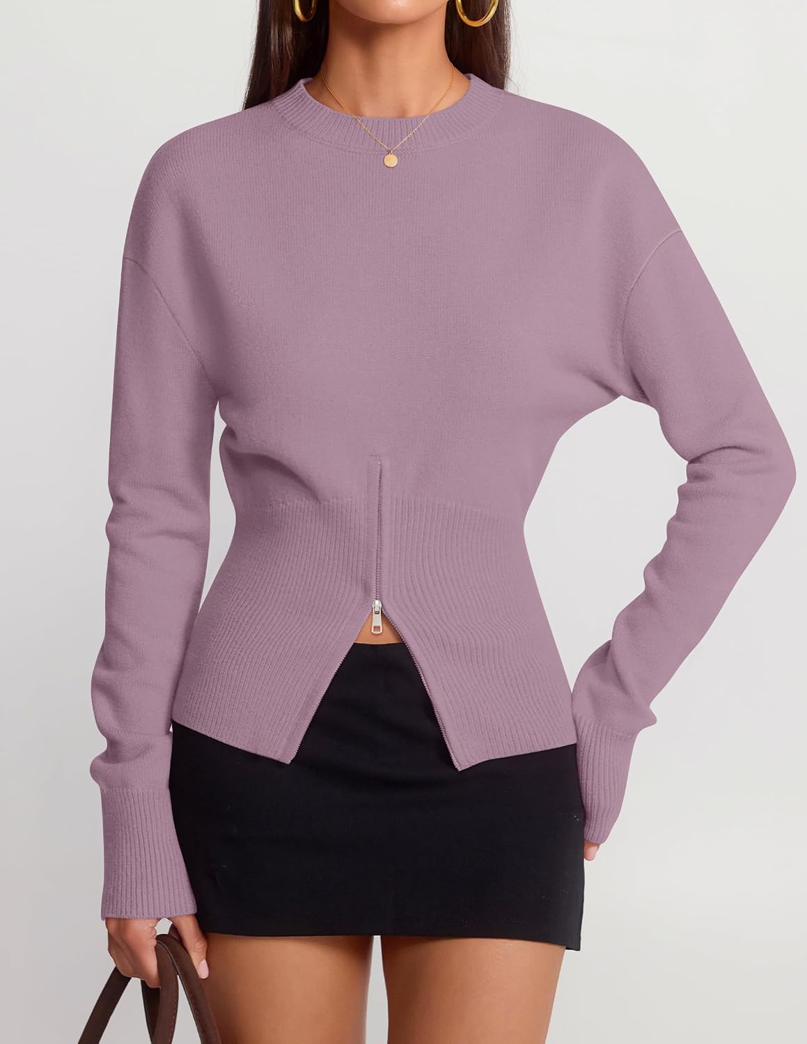 Women's Fall Zipper Pullover Sweaters 2026 Cozy Ri Purple - detail close-up
