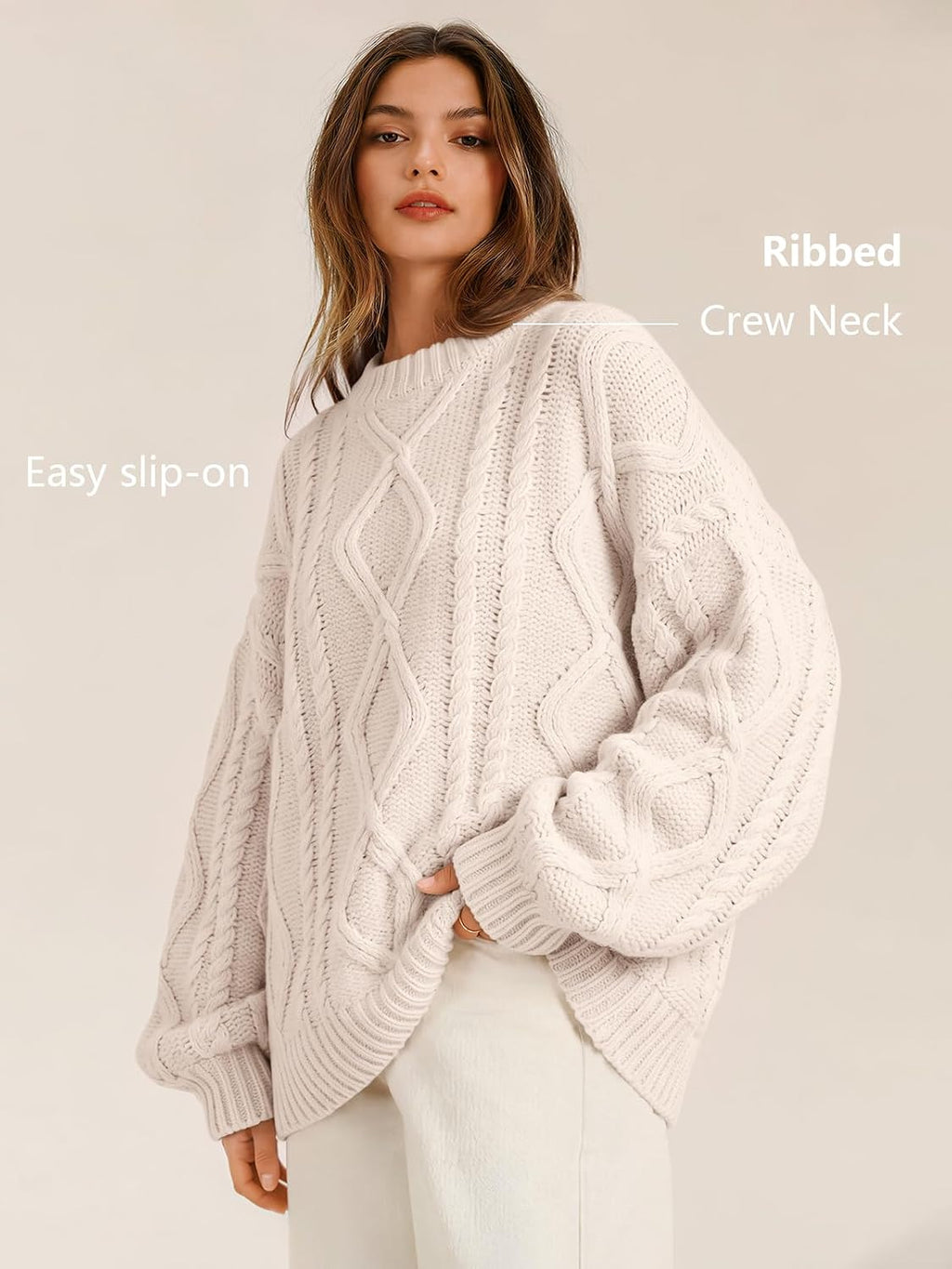 Women's Oversized Cable Knit Sweaters 2026 Fall Ou Cream - top view