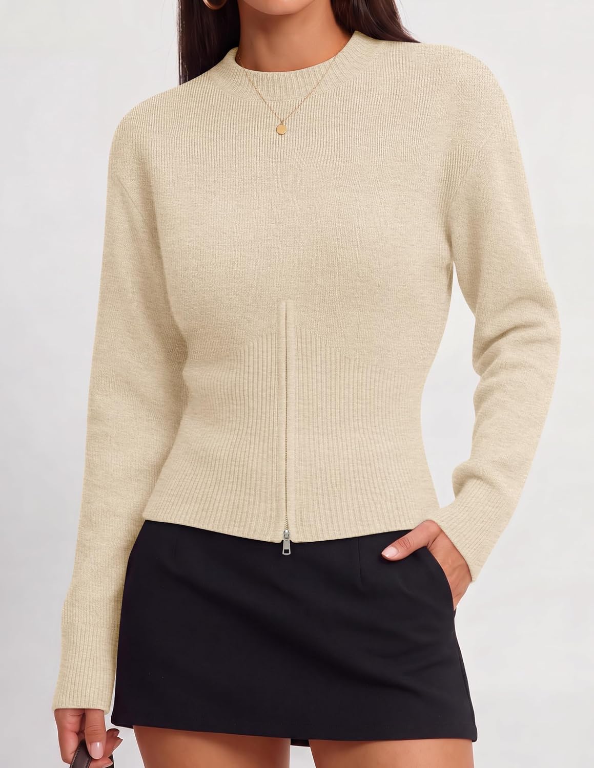 Women's Fall Zipper Pullover Sweaters 2026 Cozy Ri Apricot - top view