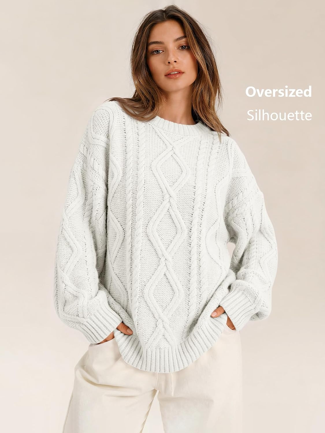 Women's Oversized Cable Knit Sweaters 2026 Fall Ou White - fabric and fit