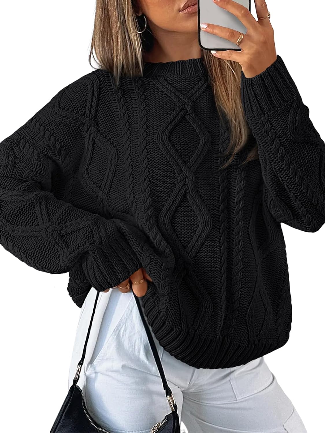 Women's Oversized Cable Knit Sweaters 2026 Fall Ou Black - front view