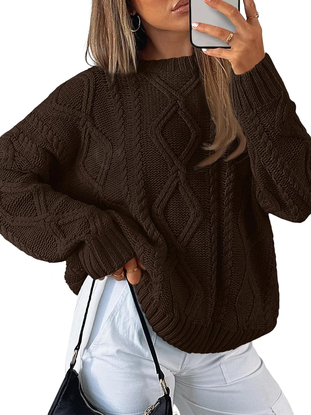Women's Oversized Cable Knit Sweaters 2026 Fall Ou Cocoa - front view