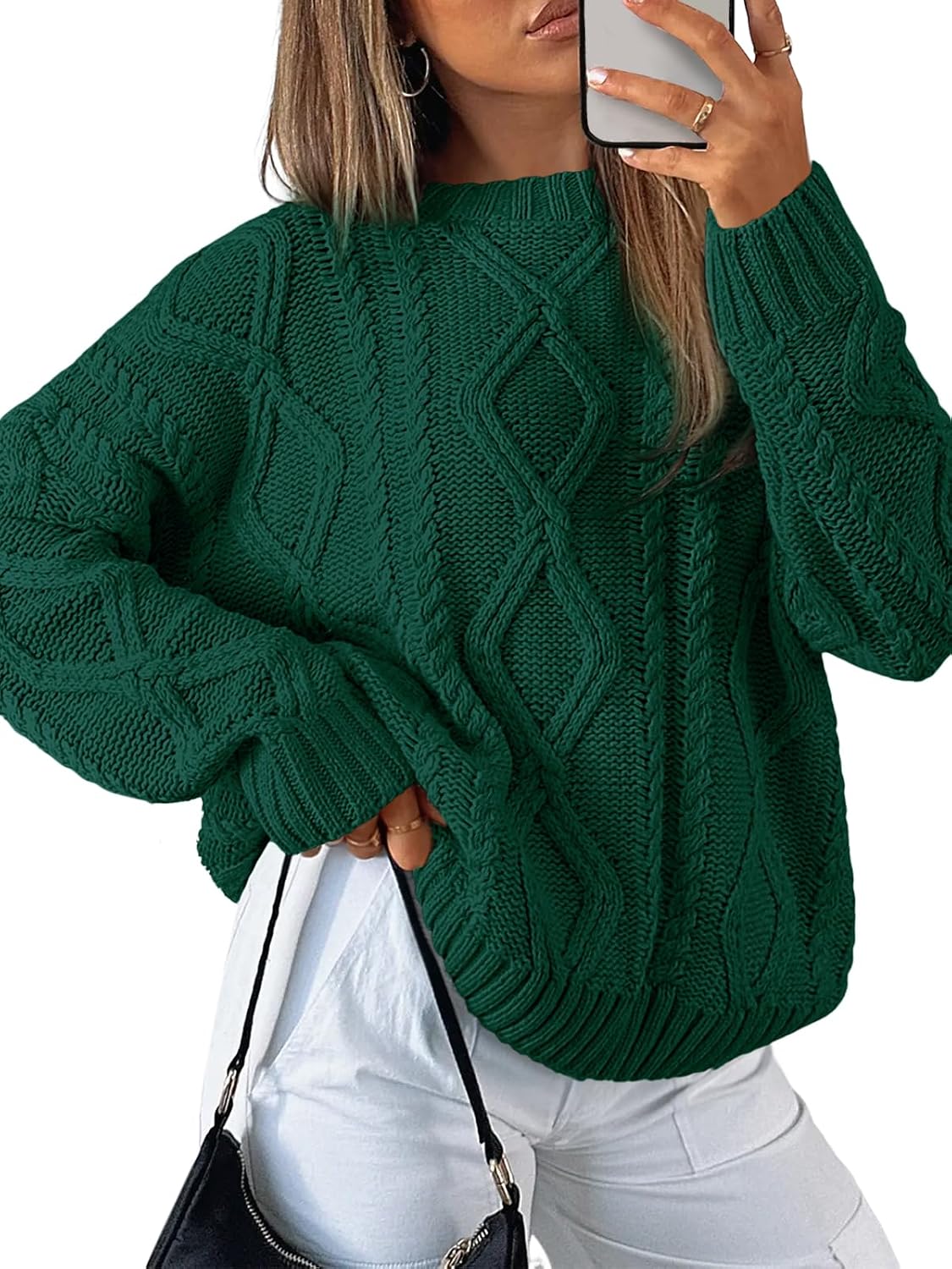 Women's Oversized Cable Knit Sweaters 2026 Fall Ou Green - front view