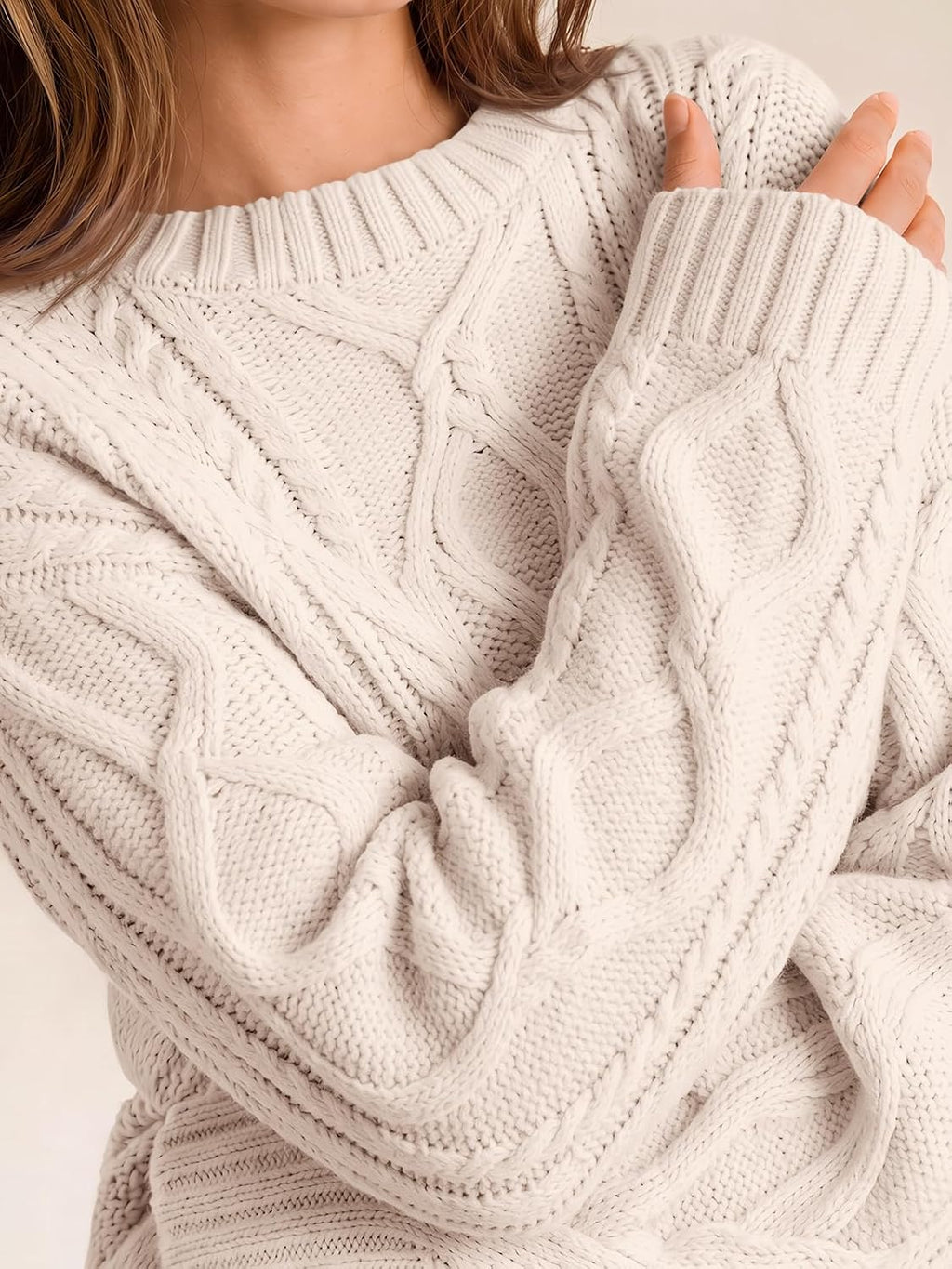 Women's Oversized Cable Knit Sweaters 2026 Fall Ou Cream - detail close-up