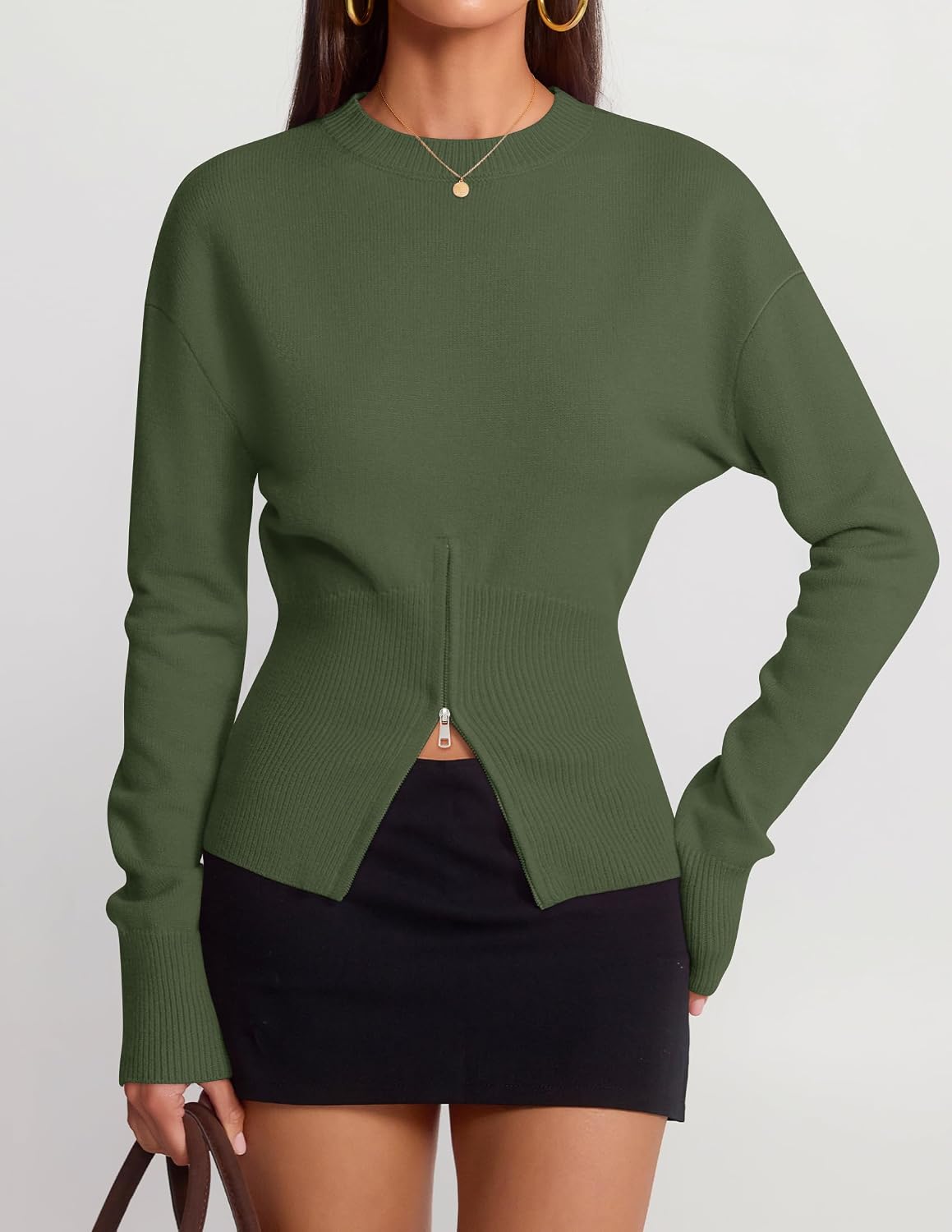 Women's Fall Zipper Pullover Sweaters 2026 Cozy Ri Armygreen - detail close-up