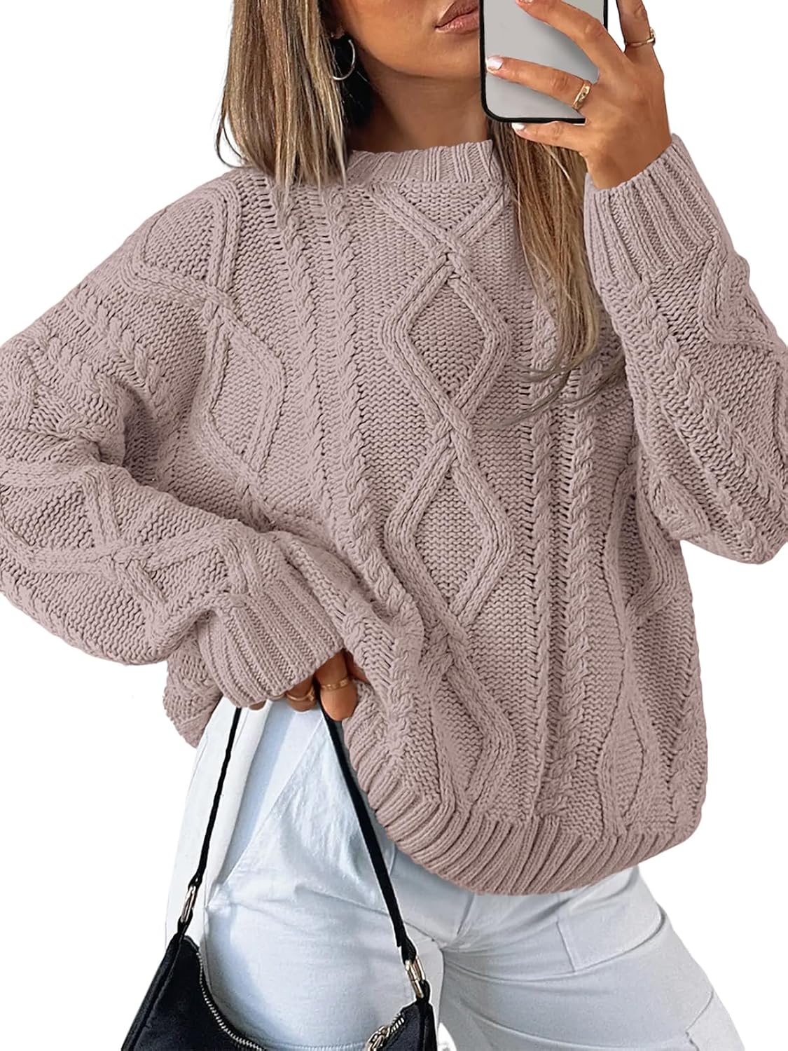 Women's Oversized Cable Knit Sweaters 2026 Fall Ou Light Mauve - front view