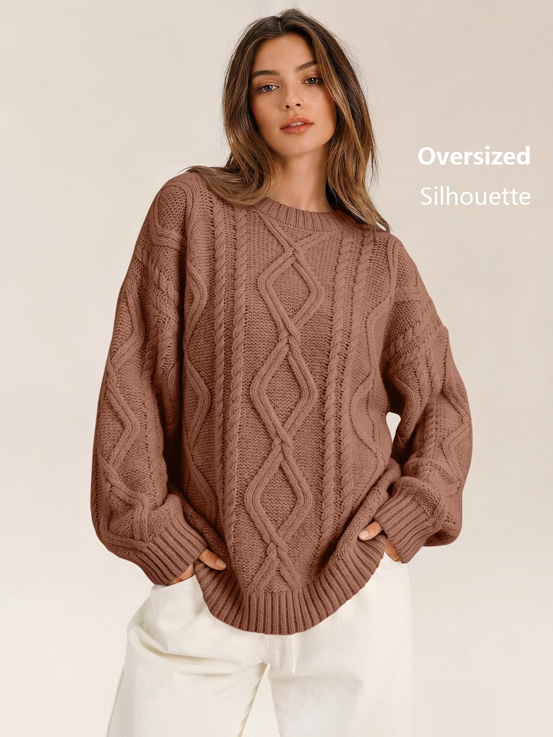 Women's Oversized Cable Knit Sweaters 2026 Fall Ou Toffee - fabric and fit