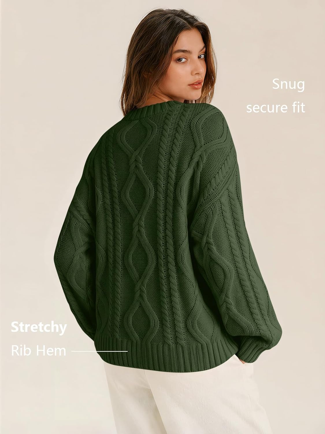 Women's Oversized Cable Knit Sweaters 2026 Fall Ou Army Green - lifestyle look