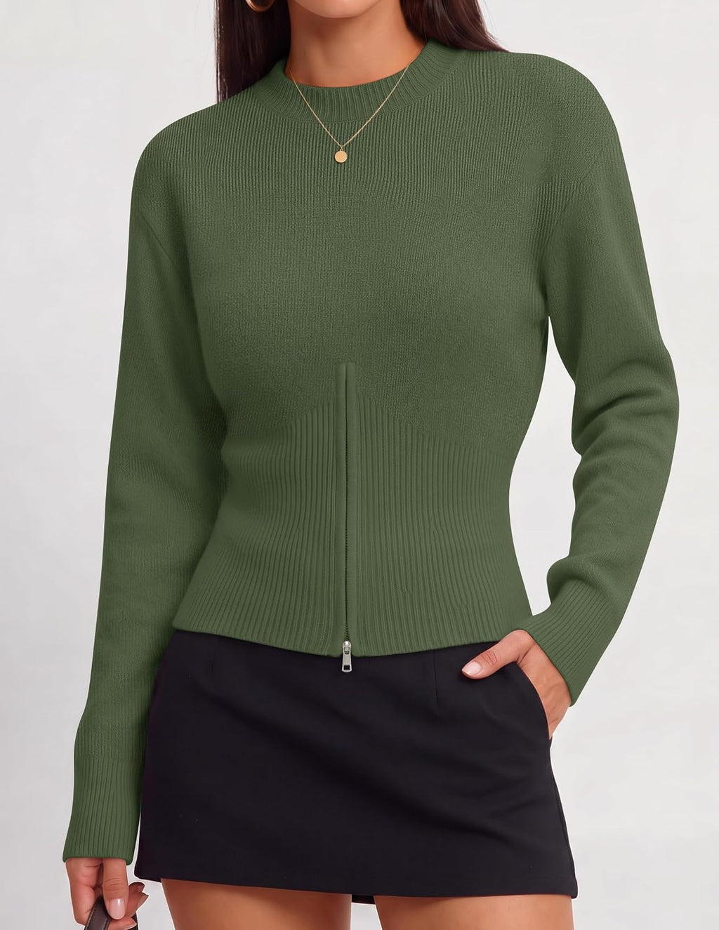 Women's Fall Zipper Pullover Sweaters 2026 Cozy Ri Armygreen - top view