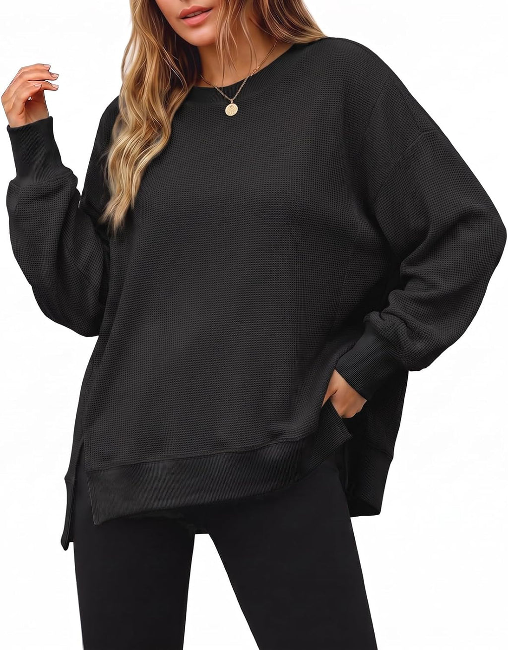 Women's Fall Oversized Sweatshirt Casual Waffle Kn Black-2 - front view