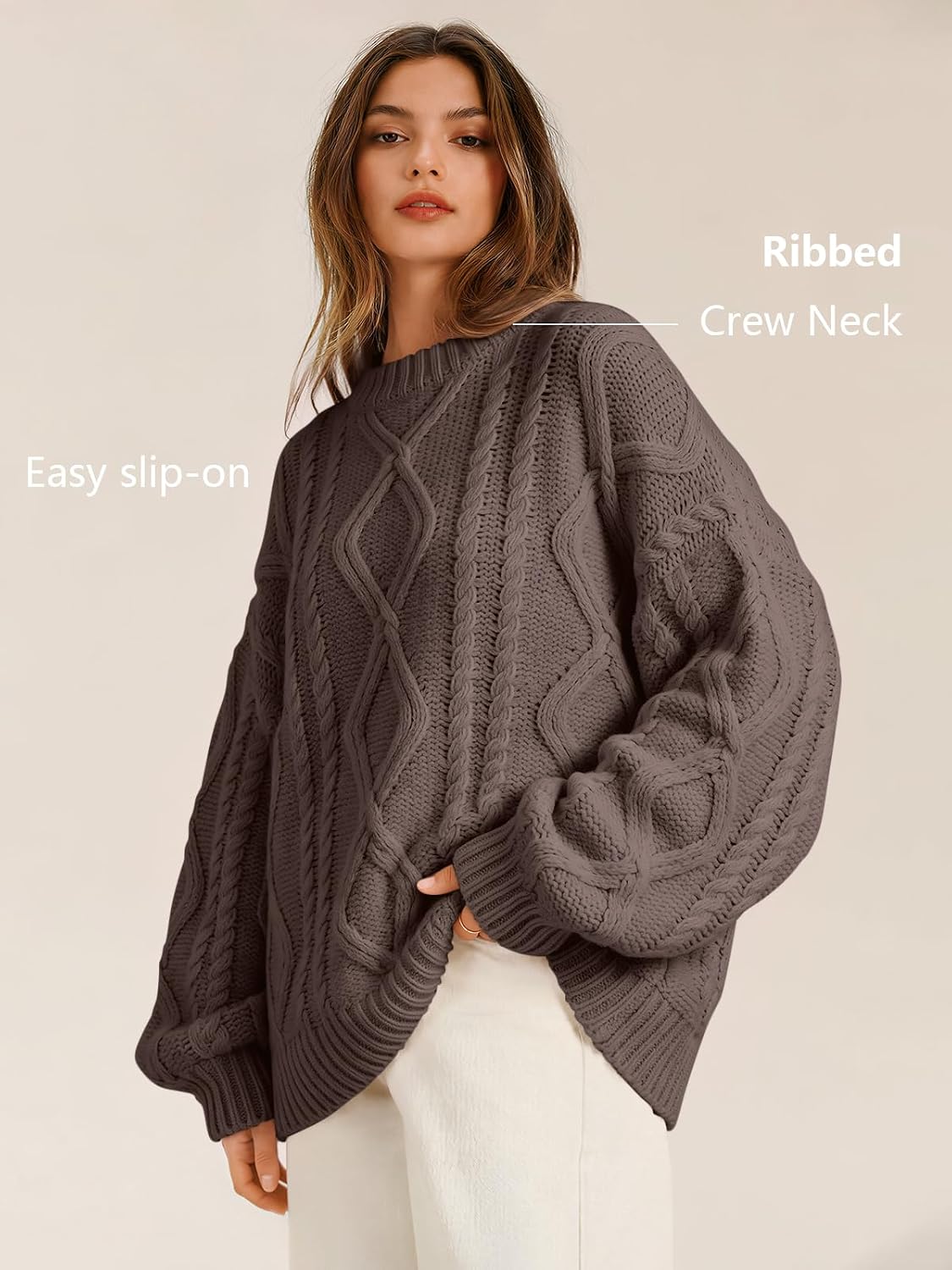 Women's Oversized Cable Knit Sweaters 2026 Fall Ou Nutmeg - top view